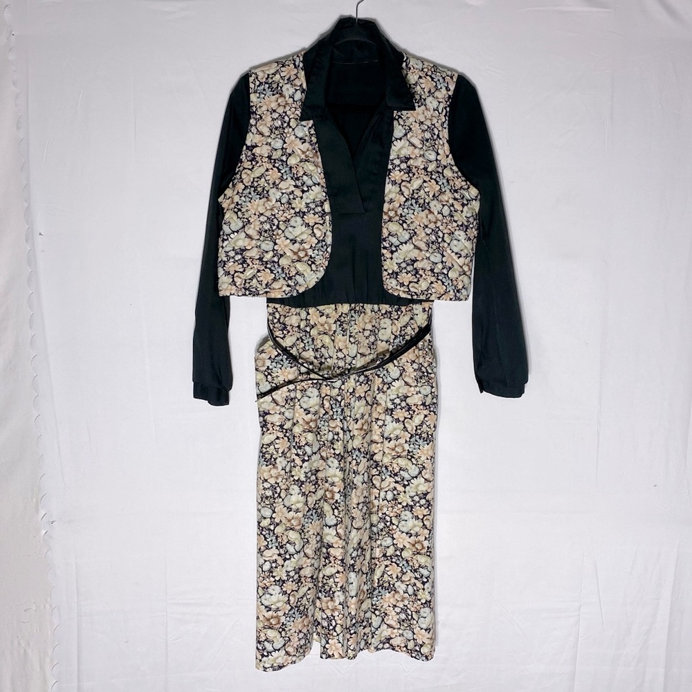 Vintage Handmade Black Cream Floral Belted Midi Dress W Matching Quilted Vest L